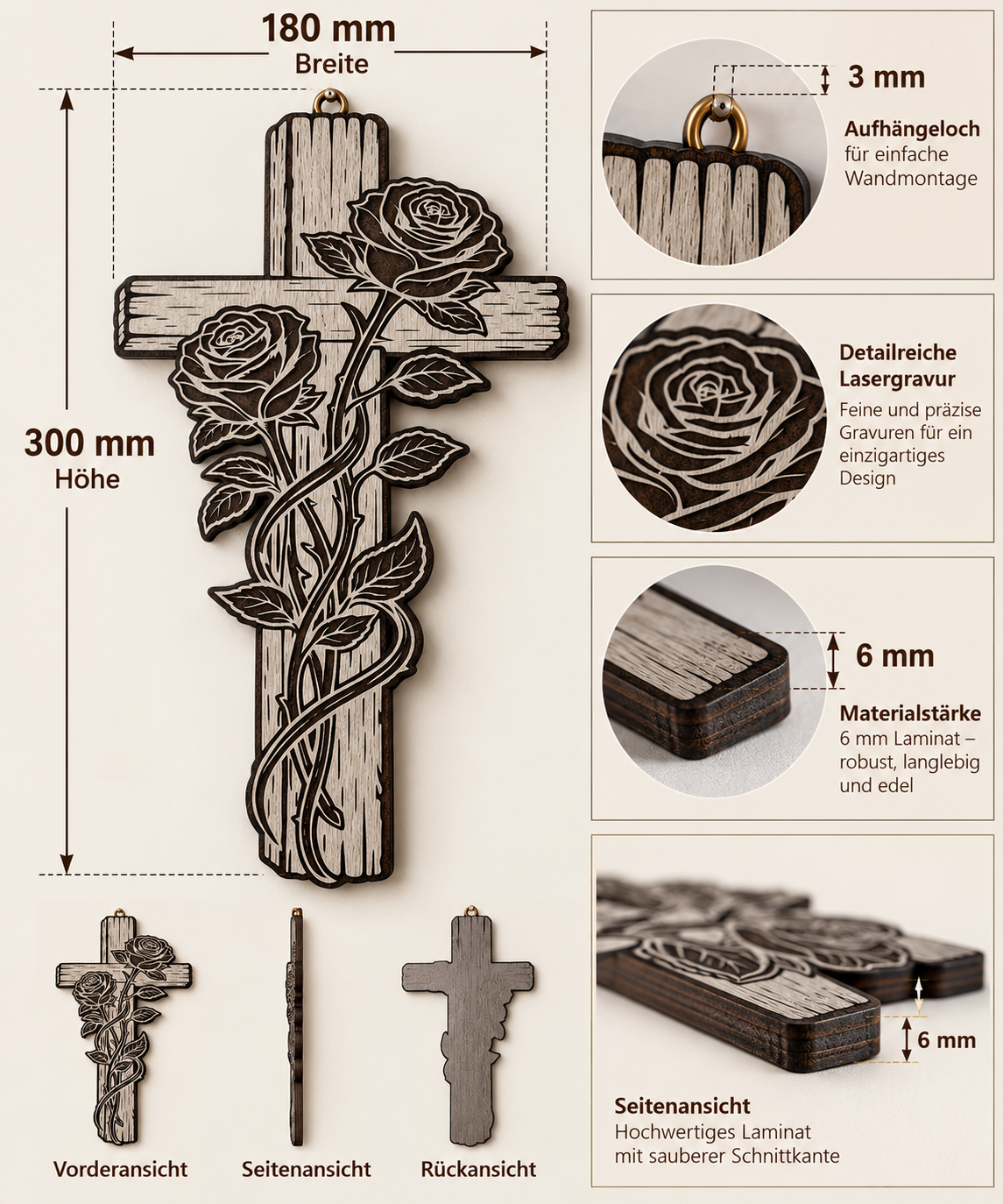Rosenkreuz aus Holz – Wandkreuz mit Rosenmotiv | 30 cm | Lasergravur