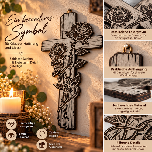 Rosenkreuz aus Holz – Wandkreuz mit Rosenmotiv | 30 cm | Lasergravur