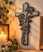 Rosenkreuz aus Holz – Wandkreuz mit Rosenmotiv | 30 cm | Lasergravur