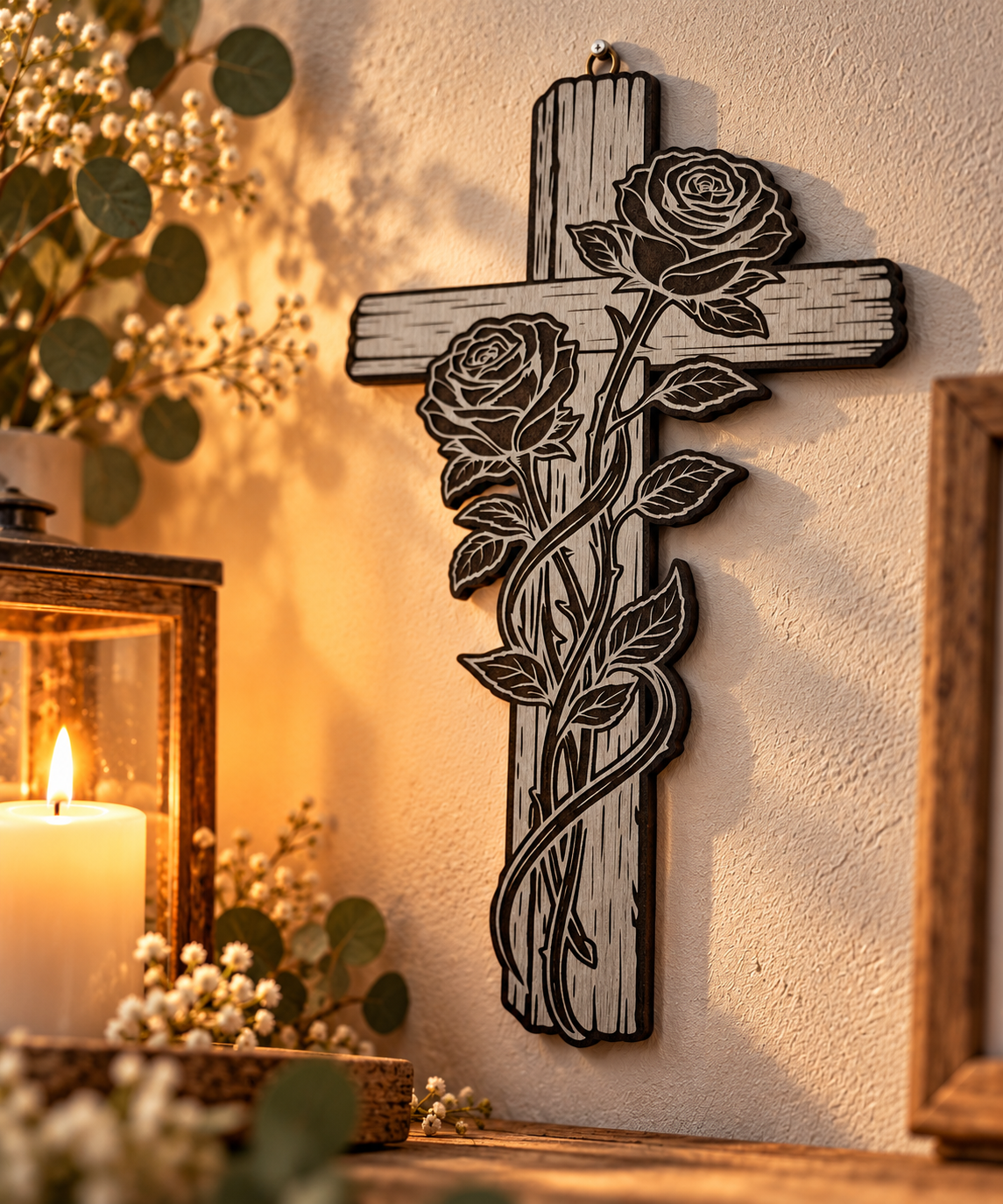 Rosenkreuz aus Holz – Wandkreuz mit Rosenmotiv | 30 cm | Lasergravur